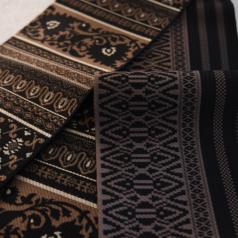 【半幅帯 博多織 インド更紗献上 ブラック×ブラウン】帯単品 小袋帯 長尺 正絹 リバーシブル 日本製 本場筑前博多織 紋小巾袋帯 証紙付き（5279625200）