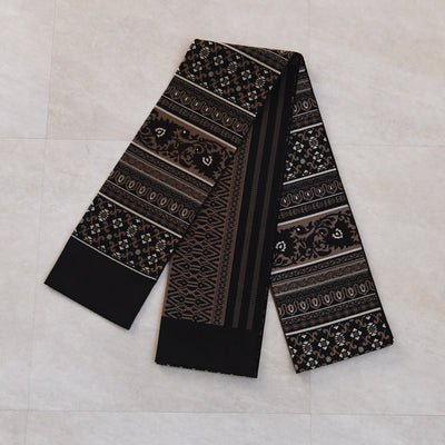 【半幅帯 博多織 インド更紗献上 ブラック×ブラウン】帯単品 小袋帯 長尺 正絹 リバーシブル 日本製 本場筑前博多織 紋小巾袋帯 証紙付き（5279625200）