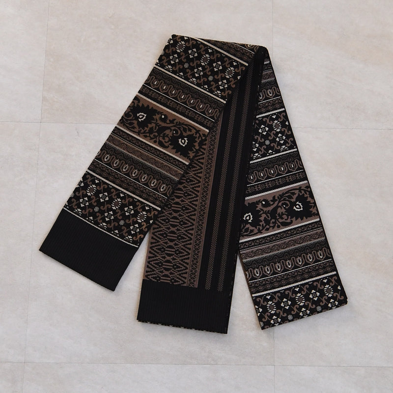 【半幅帯 博多織 インド更紗献上 ブラック×ブラウン】帯単品 小袋帯 長尺 正絹 リバーシブル 日本製 本場筑前博多織 紋小巾袋帯 証紙付き（5279625200）