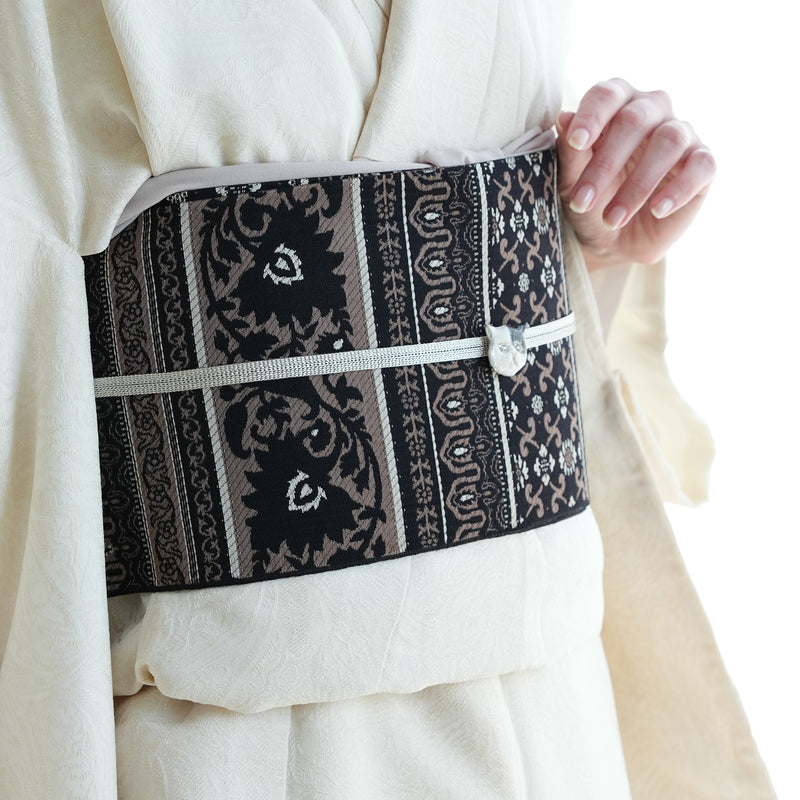 【半幅帯 博多織 インド更紗献上 ブラック×ブラウン】帯単品 小袋帯 長尺 正絹 リバーシブル 日本製 本場筑前博多織 紋小巾袋帯 証紙付き（5279625200）