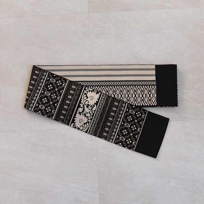 【半幅帯 博多織 インド更紗献上 ブラウン×ベージュ】帯単品 小袋帯 長尺 正絹 リバーシブル 日本製 本場筑前博多織 紋小巾袋帯 証紙付き（5279625300）