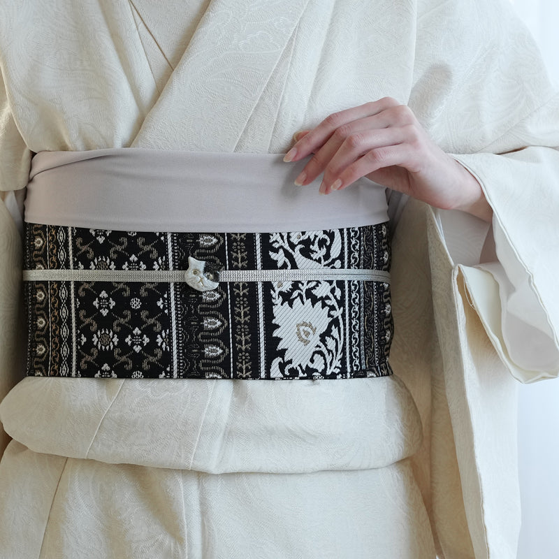 【半幅帯 博多織 インド更紗献上 ブラウン×ベージュ】帯単品 小袋帯 長尺 正絹 リバーシブル 日本製 本場筑前博多織 紋小巾袋帯 証紙付き（5279625300）