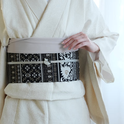 【半幅帯 博多織 インド更紗献上 ブラウン×ベージュ】帯単品 小袋帯 長尺 正絹 リバーシブル 日本製 本場筑前博多織 紋小巾袋帯 証紙付き（5279625300）