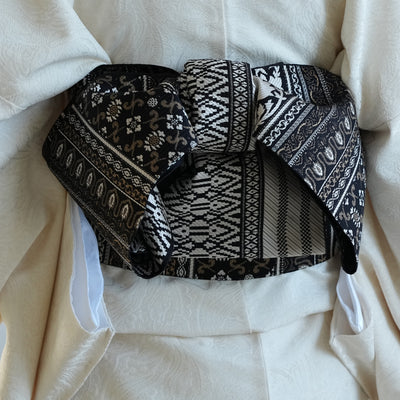 【半幅帯 博多織 インド更紗献上 ブラウン×ベージュ】帯単品 小袋帯 長尺 正絹 リバーシブル 日本製 本場筑前博多織 紋小巾袋帯 証紙付き（5279625300）