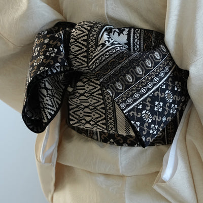 【半幅帯 博多織 インド更紗献上 ブラウン×ベージュ】帯単品 小袋帯 長尺 正絹 リバーシブル 日本製 本場筑前博多織 紋小巾袋帯 証紙付き（5279625300）