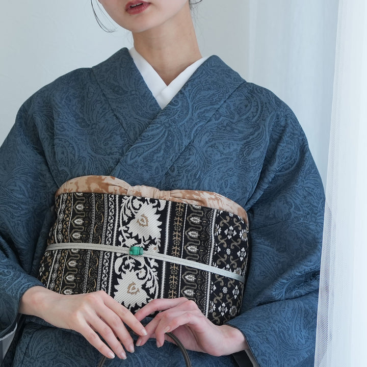 半幅帯 博多織 インド更紗献上 ブラウン×ベージュ】帯単品 小袋帯 長尺