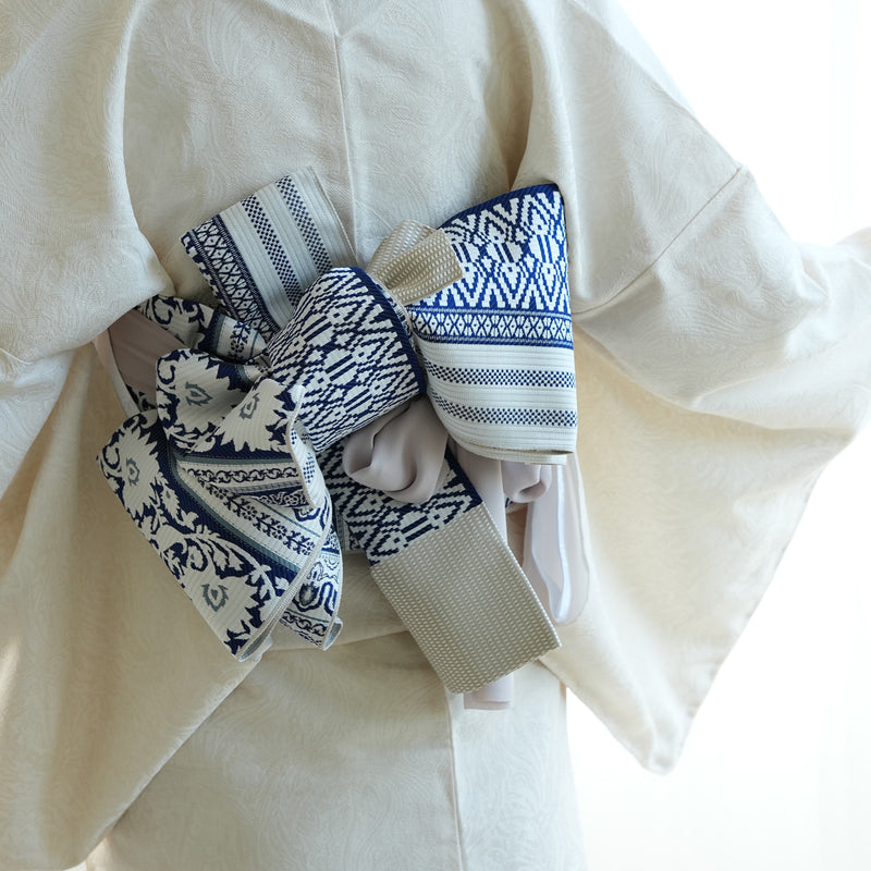 【半幅帯 博多織 インド更紗献上 ホワイト】帯単品 小袋帯 長尺 正絹 リバーシブル 日本製 本場筑前博多織 紋小巾袋帯 証紙付き（5279625400）