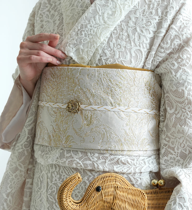 【細帯 鳳凰】半幅帯 単品 数量限定 浴衣 着物 小紋 レディース  生成り アイボリー ベージュ 金襴 日本製 ニコアンティーク （5279625600）