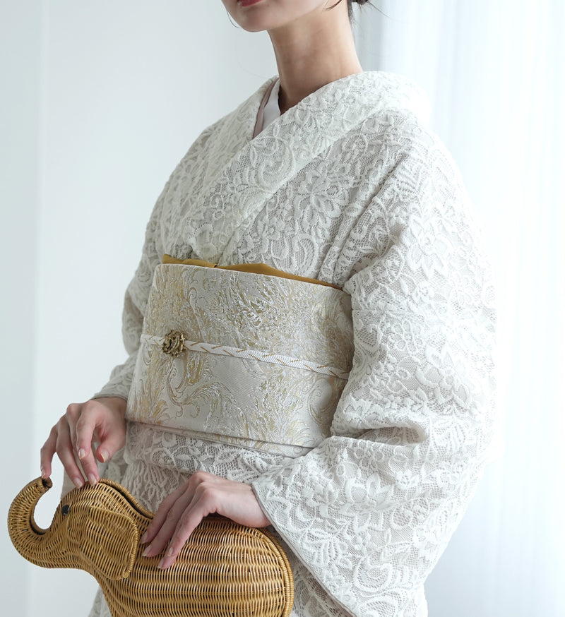 【細帯 鳳凰】半幅帯 単品 数量限定 浴衣 着物 小紋 レディース  生成り アイボリー ベージュ 金襴 日本製 ニコアンティーク （5279625600）