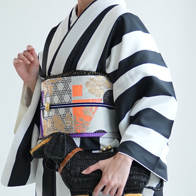 【細帯 マカロニック・パズル】半幅帯 単品 数量限定 浴衣 着物 小紋 レディース  幾何学 花 金襴 日本製 ニコアンティーク （5279625800）