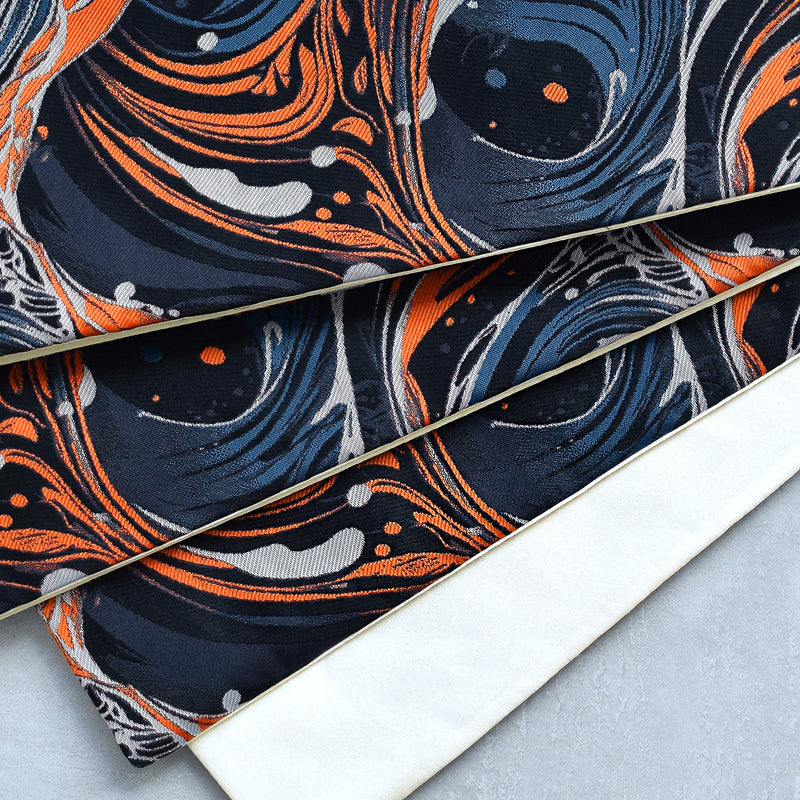 【細帯 海鳴】半幅帯 単品 数量限定 浴衣 着物 小紋 レディース  紺 青 オレンジ 波模様 金襴 日本製 ニコアンティーク （5279625900）