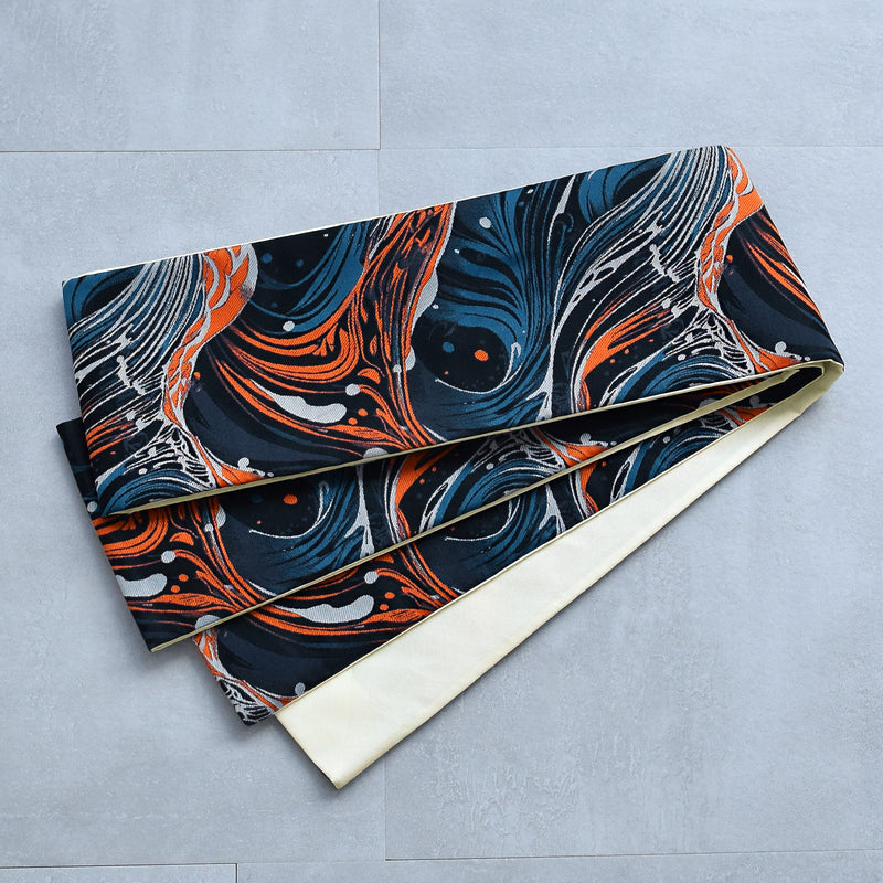 【細帯 海鳴】半幅帯 単品 数量限定 浴衣 着物 小紋 レディース  紺 青 オレンジ 波模様 金襴 日本製 ニコアンティーク （5279625900）