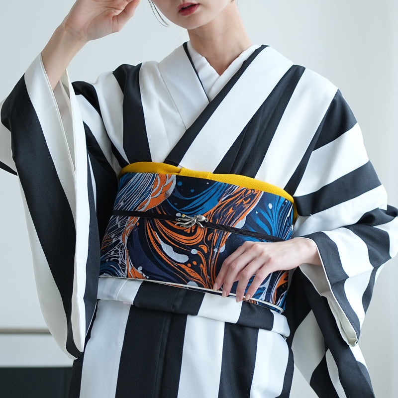 【細帯 海鳴】半幅帯 単品 数量限定 浴衣 着物 小紋 レディース  紺 青 オレンジ 波模様 金襴 日本製 ニコアンティーク （5279625900）
