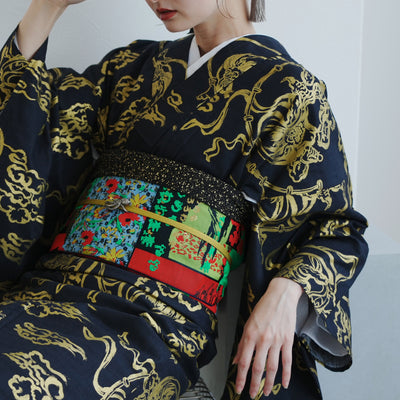 【細帯 錦絵パラドックス】半幅帯 単品 数量限定 浴衣 着物 小紋 レディース  五重塔 金襴 日本製 ニコアンティーク （5279626400）