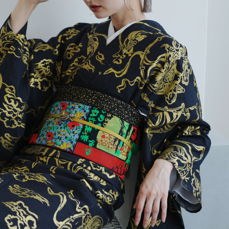 【細帯 錦絵パラドックス】半幅帯 単品 数量限定 浴衣 着物 小紋 レディース  五重塔 金襴 日本製 ニコアンティーク （5279626400）