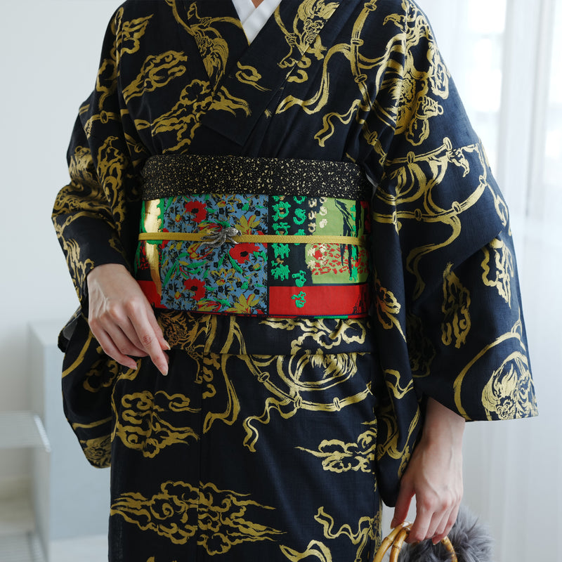 【細帯 錦絵パラドックス】半幅帯 単品 数量限定 浴衣 着物 小紋 レディース  五重塔 金襴 日本製 ニコアンティーク （5279626400）
