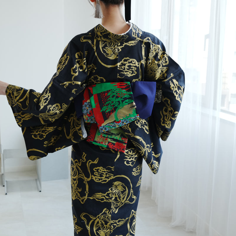 【細帯 錦絵パラドックス】半幅帯 単品 数量限定 浴衣 着物 小紋 レディース  五重塔 金襴 日本製 ニコアンティーク （5279626400）