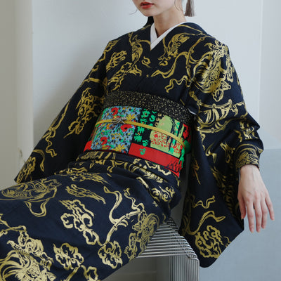 【細帯 錦絵パラドックス】半幅帯 単品 数量限定 浴衣 着物 小紋 レディース  五重塔 金襴 日本製 ニコアンティーク （5279626400）