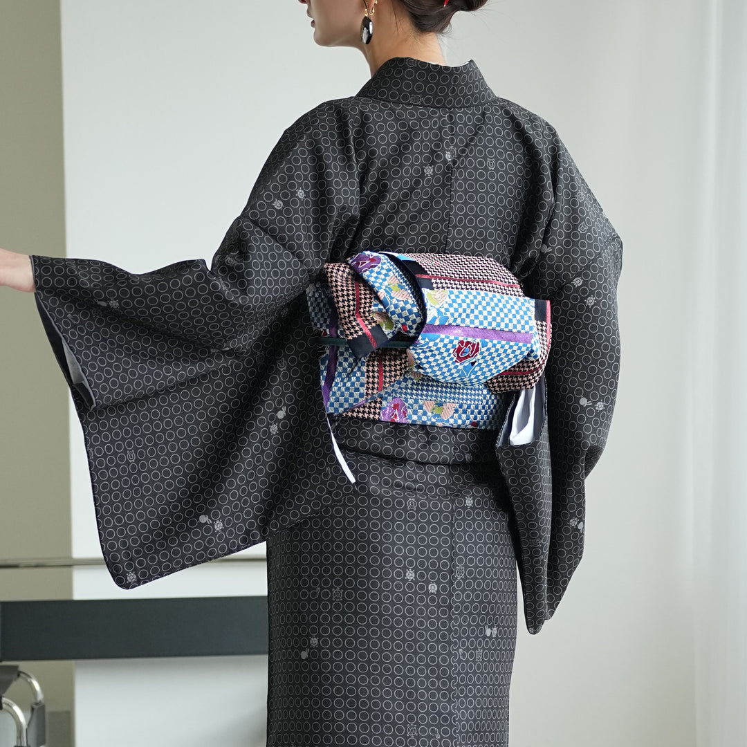 447半幅帯 小袋帯 多ち花 摺型友禅 黒色 鹿の子に花満開 浴衣 小紋 着物 細帯 蒼幾何ノ華】半幅帯 単品 数量限定 浴衣 着物 小紋 レディース