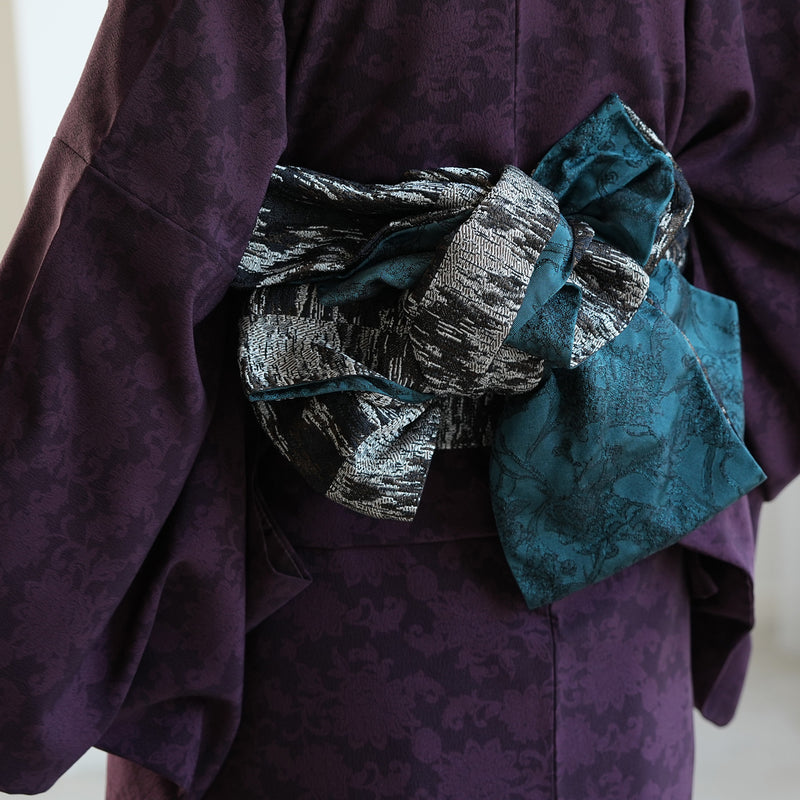 【半幅帯 リバーシブル 煤灯】帯単品 小袋帯 長尺 日本製 細帯 オールシーズン 浴衣 紬 小紋 着物 ブラック グリーン（5279626700）