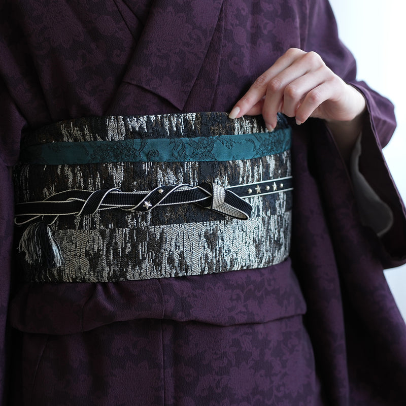 【半幅帯 リバーシブル 煤灯】帯単品 小袋帯 長尺 日本製 細帯 オールシーズン 浴衣 紬 小紋 着物 ブラック グリーン（5279626700）