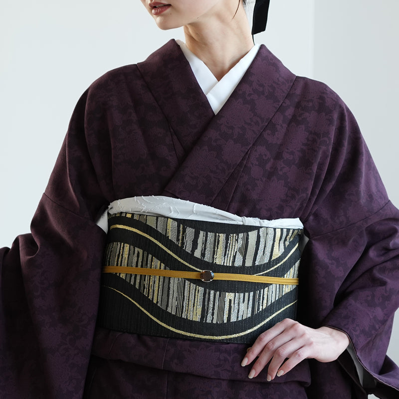 【半幅帯 リバーシブル 黒流光】帯単品 小袋帯 長尺 日本製 細帯 オールシーズン 浴衣 紬 小紋 着物 ブラック からし（5279626900）