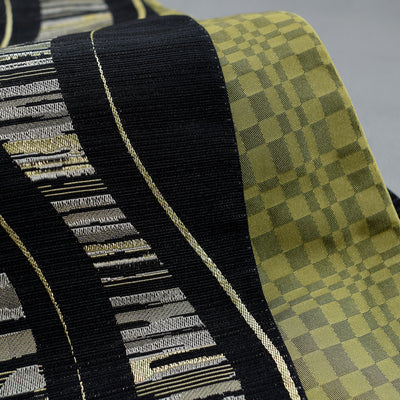 【半幅帯 リバーシブル 黒流光】帯単品 小袋帯 長尺 日本製 細帯 オールシーズン 浴衣 紬 小紋 着物 ブラック からし（5279626900）