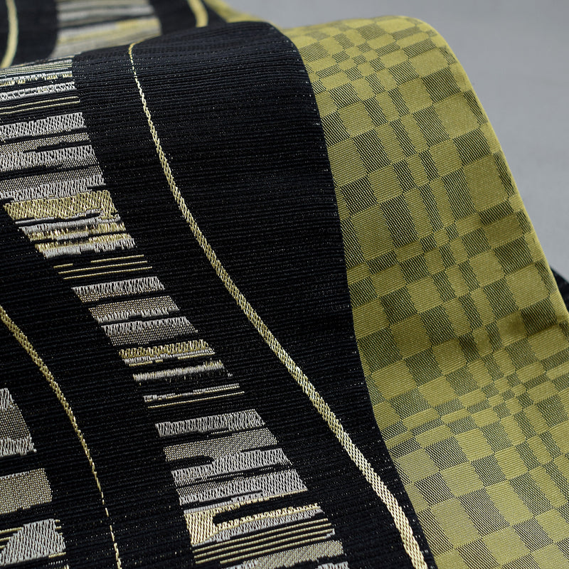 【半幅帯 リバーシブル 黒流光】帯単品 小袋帯 長尺 日本製 細帯 オールシーズン 浴衣 紬 小紋 着物 ブラック からし（5279626900）