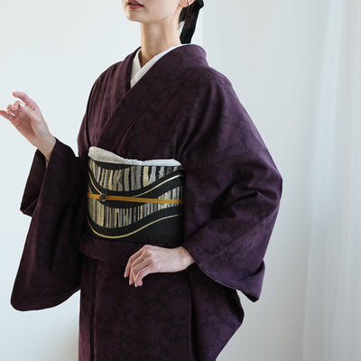 【半幅帯 リバーシブル 黒流光】帯単品 小袋帯 長尺 日本製 細帯 オールシーズン 浴衣 紬 小紋 着物 ブラック からし（5279626900）