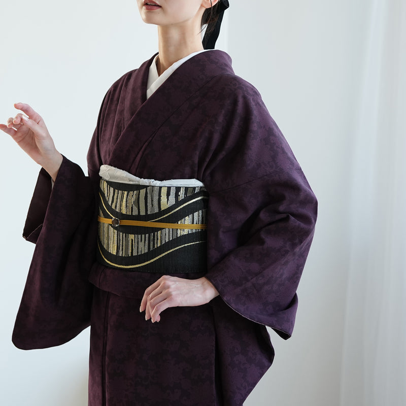 【半幅帯 リバーシブル 黒流光】帯単品 小袋帯 長尺 日本製 細帯 オールシーズン 浴衣 紬 小紋 着物 ブラック からし（5279626900）