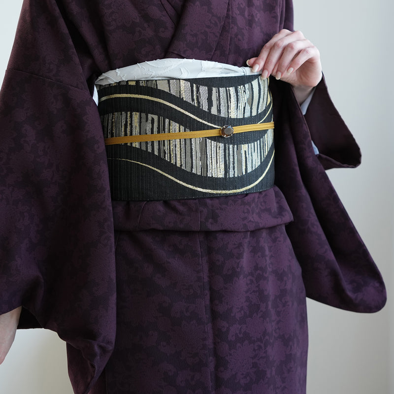 【半幅帯 リバーシブル 黒流光】帯単品 小袋帯 長尺 日本製 細帯 オールシーズン 浴衣 紬 小紋 着物 ブラック からし（5279626900）