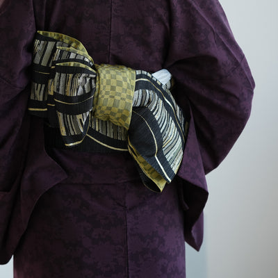 【半幅帯 リバーシブル 黒流光】帯単品 小袋帯 長尺 日本製 細帯 オールシーズン 浴衣 紬 小紋 着物 ブラック からし（5279626900）