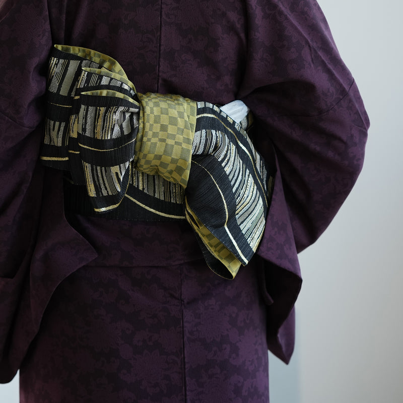 【半幅帯 リバーシブル 黒流光】帯単品 小袋帯 長尺 日本製 細帯 オールシーズン 浴衣 紬 小紋 着物 ブラック からし（5279626900）