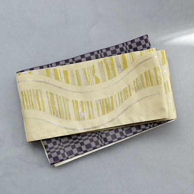 【半幅帯 リバーシブル 淡黄流光】帯単品 小袋帯 長尺 日本製 細帯 オールシーズン 浴衣 紬 小紋 着物 イエローベージュ 紫 グレー（5279627000）