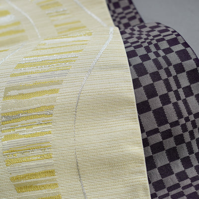 【半幅帯 リバーシブル 淡黄流光】帯単品 小袋帯 長尺 日本製 細帯 オールシーズン 浴衣 紬 小紋 着物 イエローベージュ 紫 グレー（5279627000）