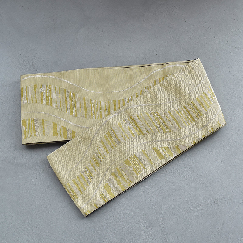 【半幅帯 リバーシブル 淡黄流光】帯単品 小袋帯 長尺 日本製 細帯 オールシーズン 浴衣 紬 小紋 着物 イエローベージュ 紫 グレー（5279627000）