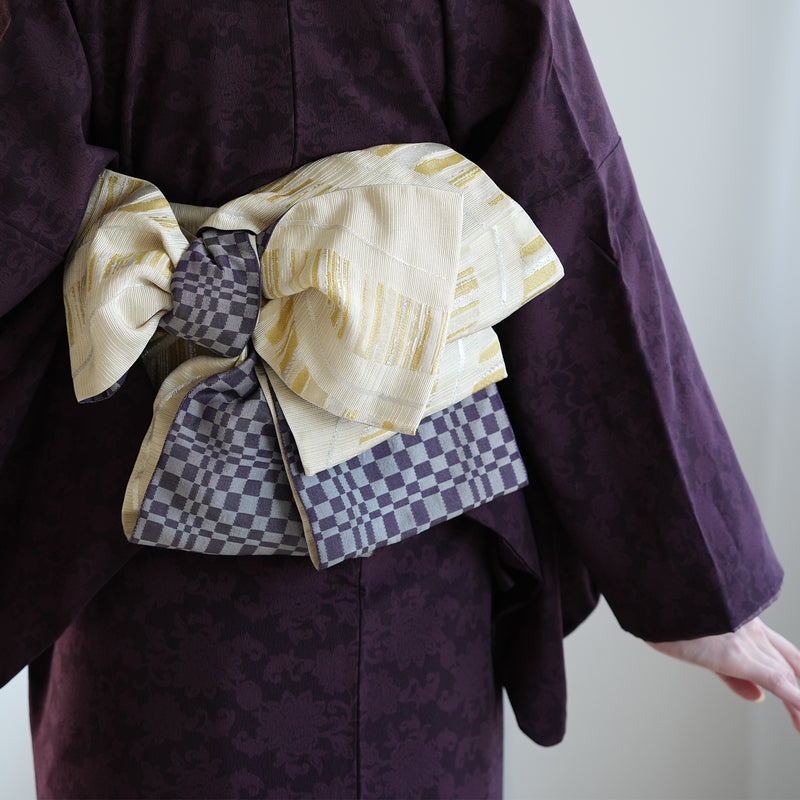 【半幅帯 リバーシブル 淡黄流光】帯単品 小袋帯 長尺 日本製 細帯 オールシーズン 浴衣 紬 小紋 着物 イエローベージュ 紫 グレー（5279627000）