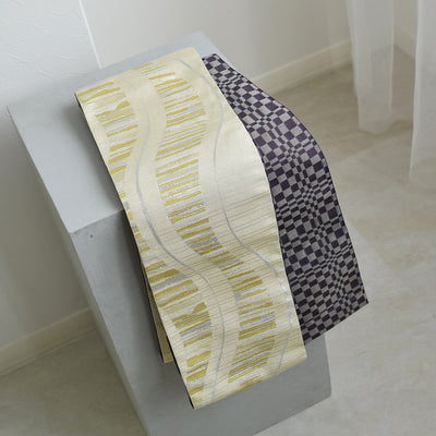 【半幅帯 リバーシブル 淡黄流光】帯単品 小袋帯 長尺 日本製 細帯 オールシーズン 浴衣 紬 小紋 着物 イエローベージュ 紫 グレー（5279627000）