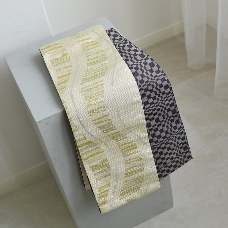 【半幅帯 リバーシブル 淡黄流光】帯単品 小袋帯 長尺 日本製 細帯 オールシーズン 浴衣 紬 小紋 着物 イエローベージュ 紫 グレー（5279627000）