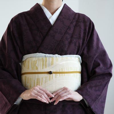 【半幅帯 リバーシブル 淡黄流光】帯単品 小袋帯 長尺 日本製 細帯 オールシーズン 浴衣 紬 小紋 着物 イエローベージュ 紫 グレー（5279627000）