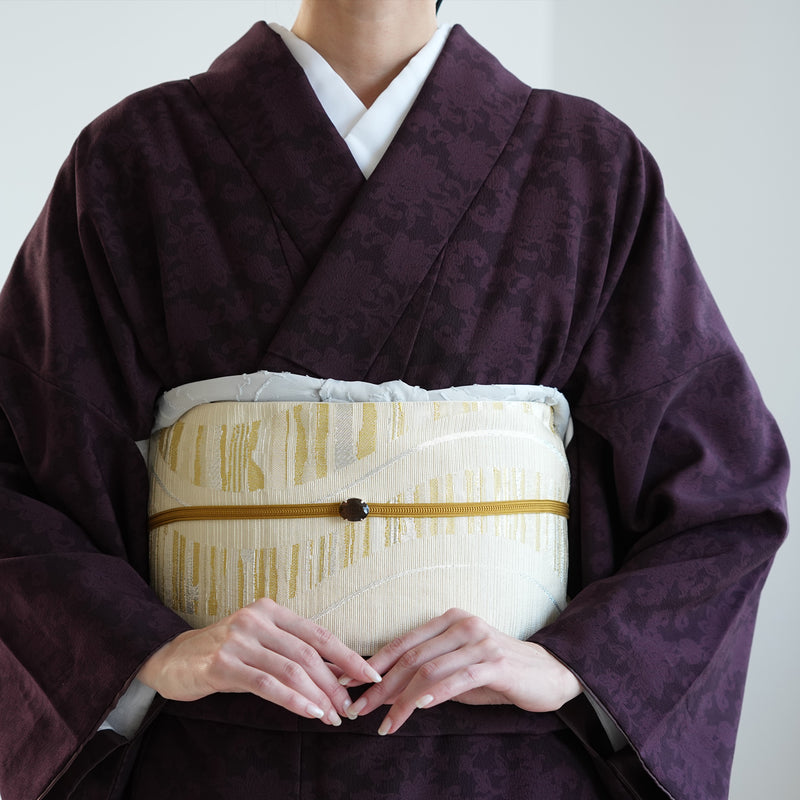 【半幅帯 リバーシブル 淡黄流光】帯単品 小袋帯 長尺 日本製 細帯 オールシーズン 浴衣 紬 小紋 着物 イエローベージュ 紫 グレー（5279627000）