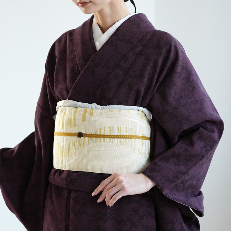 【半幅帯 リバーシブル 淡黄流光】帯単品 小袋帯 長尺 日本製 細帯 オールシーズン 浴衣 紬 小紋 着物 イエローベージュ 紫 グレー（5279627000）