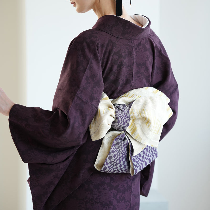 【半幅帯 リバーシブル 淡黄流光】帯単品 小袋帯 長尺 日本製 細帯 オールシーズン 浴衣 紬 小紋 着物 イエローベージュ 紫 グレー（5279627000）