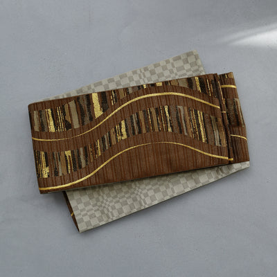 【半幅帯 リバーシブル 鳶色流光】帯単品 小袋帯 長尺 日本製 細帯 オールシーズン 浴衣 紬 小紋 着物 茶 金 グレー グレージュ（5279627100）