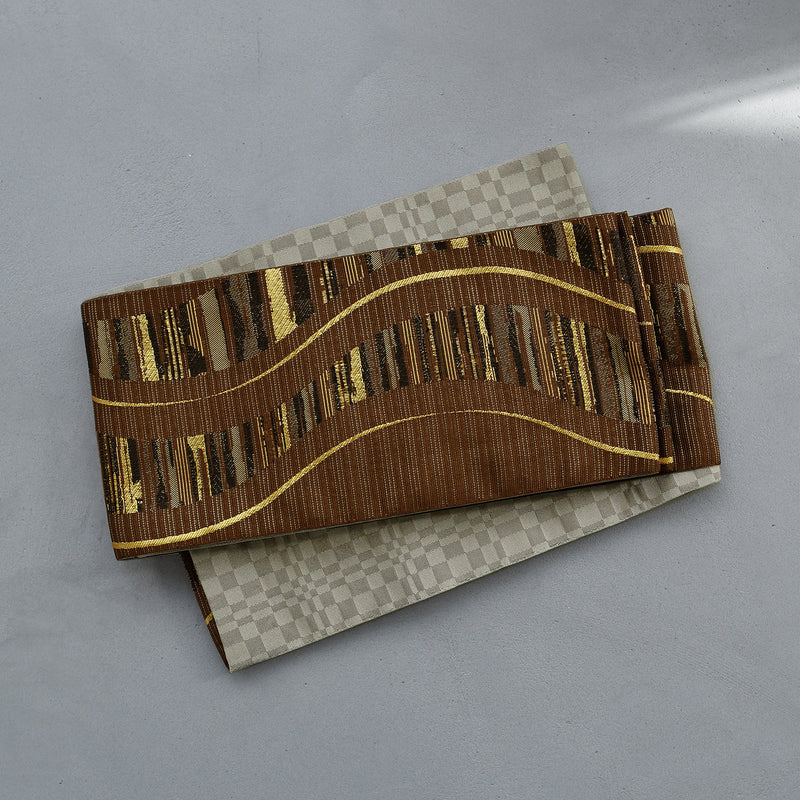 【半幅帯 リバーシブル 鳶色流光】帯単品 小袋帯 長尺 日本製 細帯 オールシーズン 浴衣 紬 小紋 着物 茶 金 グレー グレージュ（5279627100）