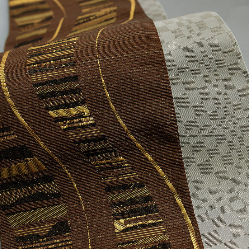 【半幅帯 リバーシブル 鳶色流光】帯単品 小袋帯 長尺 日本製 細帯 オールシーズン 浴衣 紬 小紋 着物 茶 金 グレー グレージュ（5279627100）