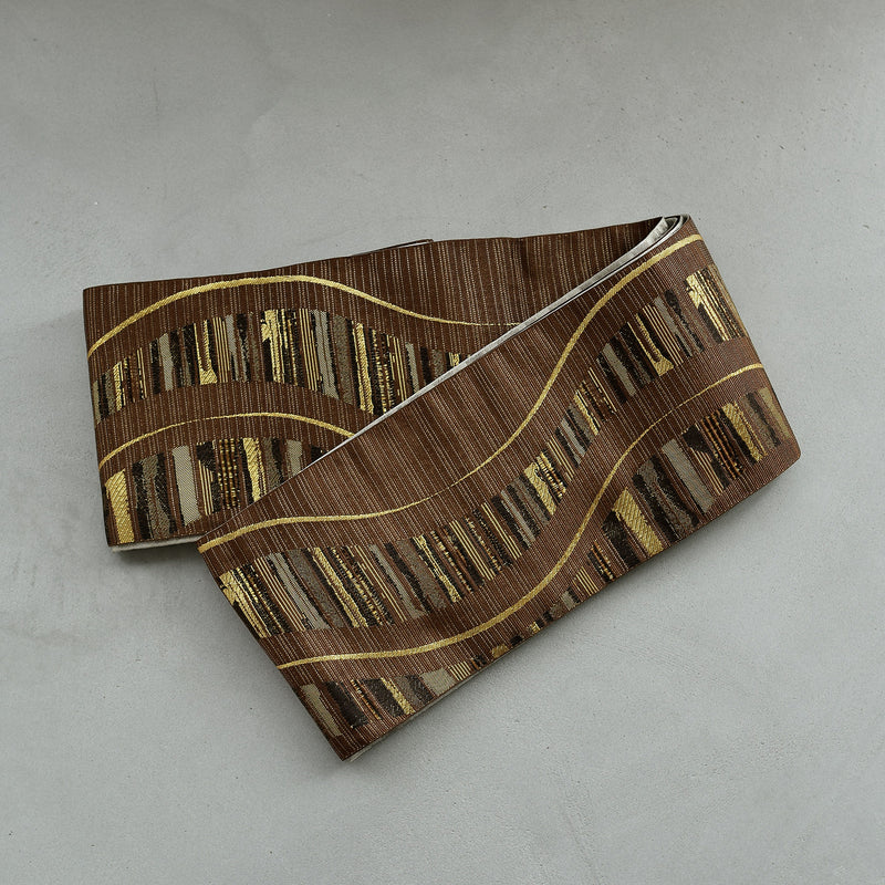 【半幅帯 リバーシブル 鳶色流光】帯単品 小袋帯 長尺 日本製 細帯 オールシーズン 浴衣 紬 小紋 着物 茶 金 グレー グレージュ（5279627100）