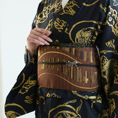 【半幅帯 リバーシブル 鳶色流光】帯単品 小袋帯 長尺 日本製 細帯 オールシーズン 浴衣 紬 小紋 着物 茶 金 グレー グレージュ（5279627100）