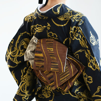 【半幅帯 リバーシブル 鳶色流光】帯単品 小袋帯 長尺 日本製 細帯 オールシーズン 浴衣 紬 小紋 着物 茶 金 グレー グレージュ（5279627100）