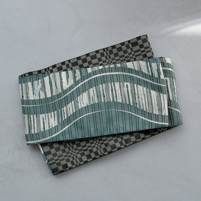 【半幅帯 リバーシブル 翠流光】帯単品 小袋帯 長尺 日本製 細帯 オールシーズン 浴衣 紬 小紋 着物 エメラルドグリーン グレー 黒（5279627200）